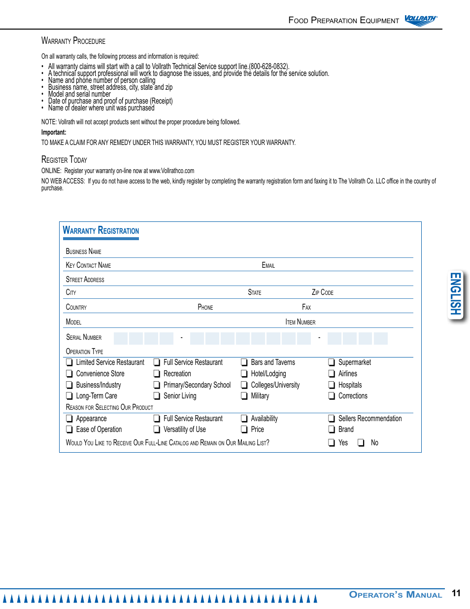 English | Vollrath MIN0022 Operator Manual User Manual | Page 11 / 12