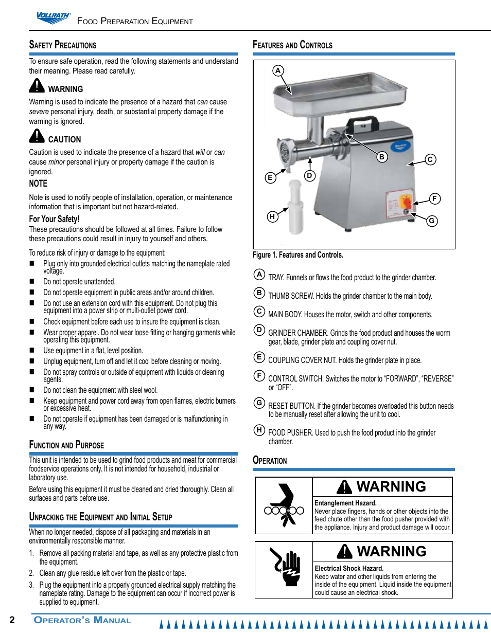 Warning | Vollrath MIN0022 Operator Manual User Manual | Page 2 / 12