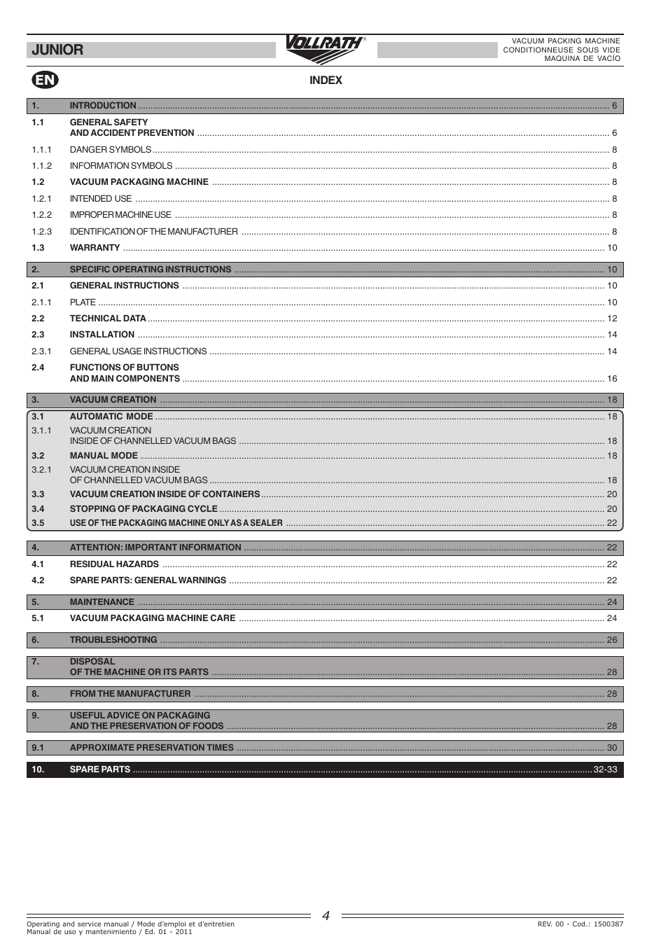 Junior, Index | Vollrath JUNIOR Out-of-Chamber Vacuum Pack Machine User Manual | Page 4 / 34