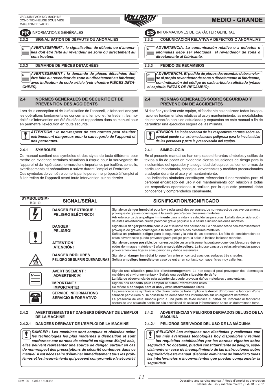 Medio - grande, Fr es, Signal/señal signification/significado | Vollrath GRANDE In-Chamber Vacuum Pack Machines User Manual | Page 11 / 48