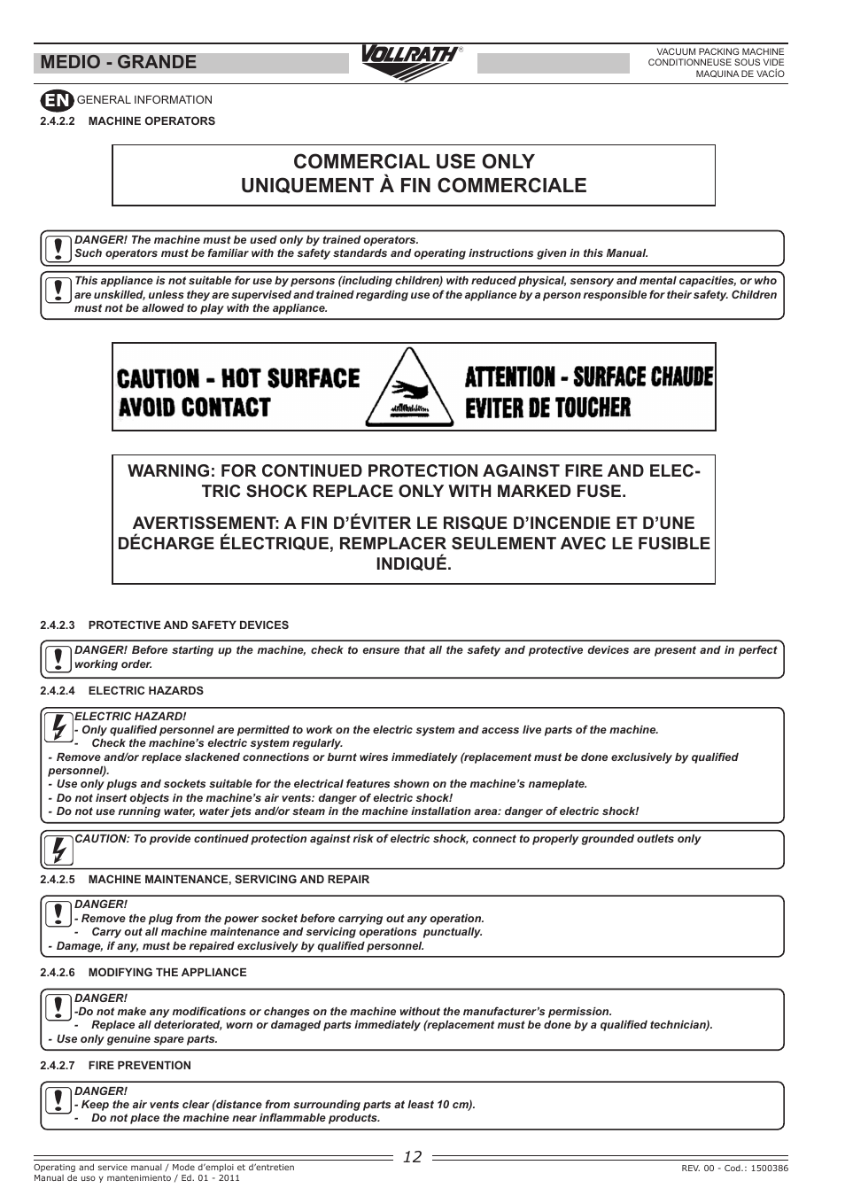 Commercial use only uniquement à fin commerciale, Medio - grande | Vollrath GRANDE In-Chamber Vacuum Pack Machines User Manual | Page 12 / 48