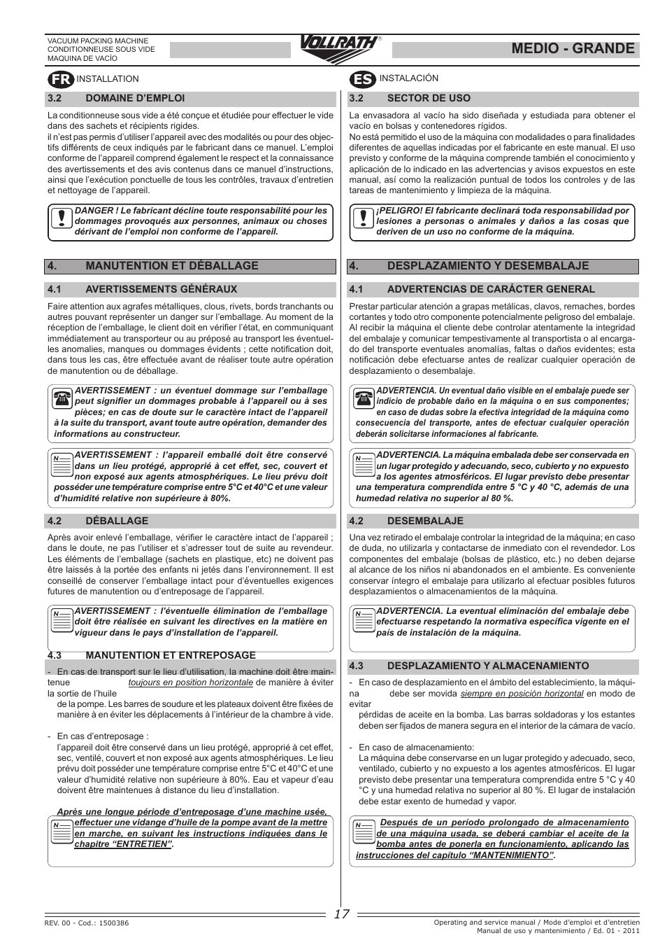 Medio - grande, Fr es, Manutention et déballage | Desplazamiento y desembalaje | Vollrath GRANDE In-Chamber Vacuum Pack Machines User Manual | Page 17 / 48