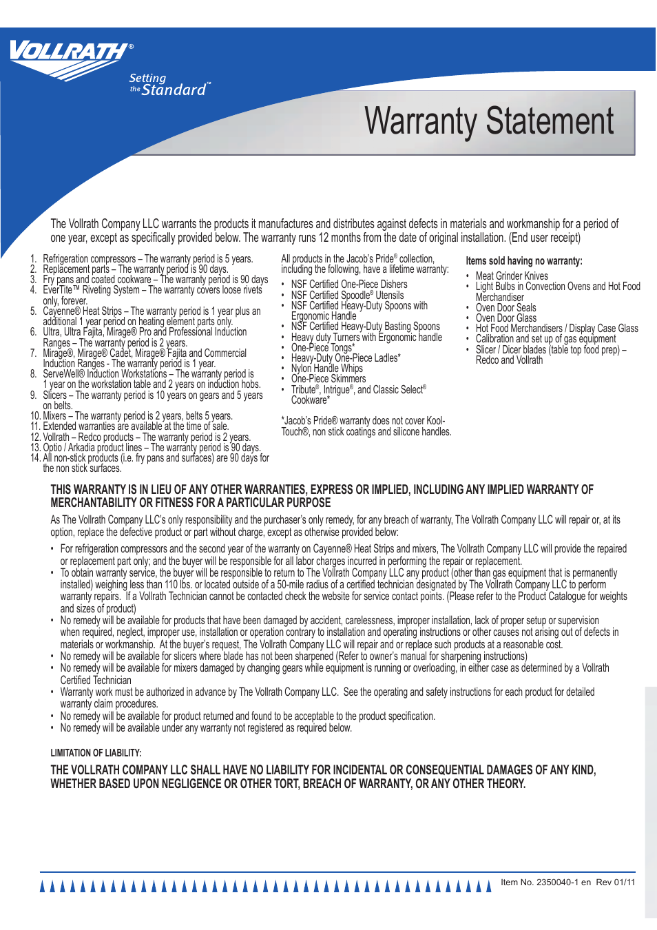 Warranty statement | Vollrath GRANDE In-Chamber Vacuum Pack Machines User Manual | Page 2 / 48