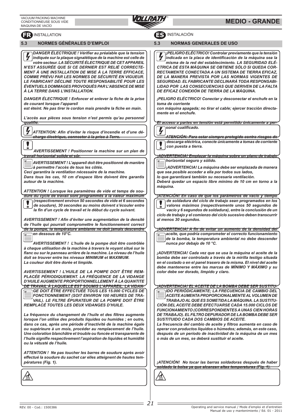 Medio - grande, Fr es | Vollrath GRANDE In-Chamber Vacuum Pack Machines User Manual | Page 21 / 48