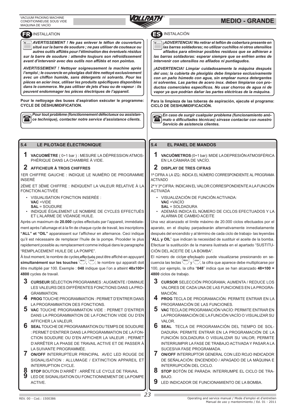 Medio - grande, Fr es | Vollrath GRANDE In-Chamber Vacuum Pack Machines User Manual | Page 23 / 48