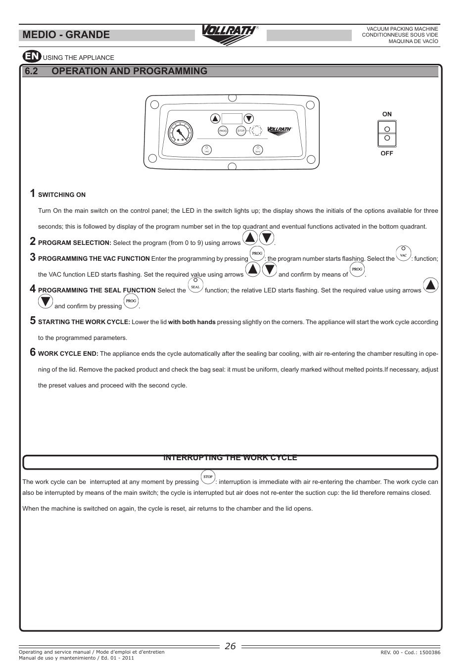 Medio - grande, 2 operation and programming | Vollrath GRANDE In-Chamber Vacuum Pack Machines User Manual | Page 26 / 48