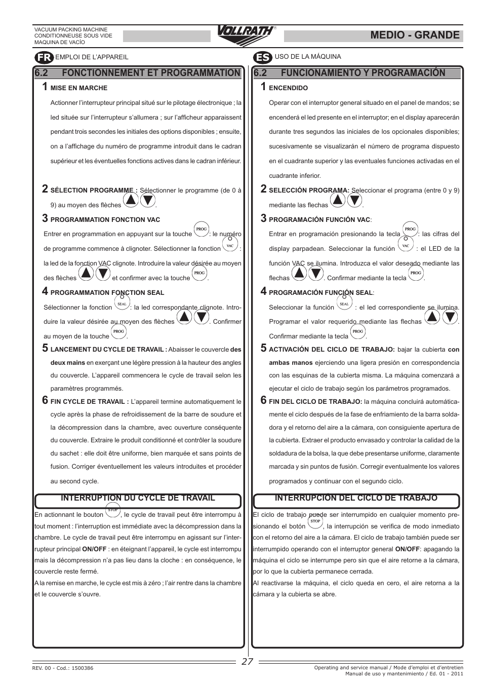 Medio - grande, Fr es, 2 fonctionnement et programmation | 2 funcionamiento y programación | Vollrath GRANDE In-Chamber Vacuum Pack Machines User Manual | Page 27 / 48