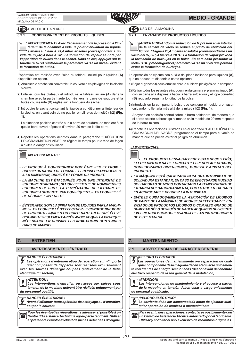 Medio - grande, Fr es, Entretien | Mantenimiento | Vollrath GRANDE In-Chamber Vacuum Pack Machines User Manual | Page 29 / 48