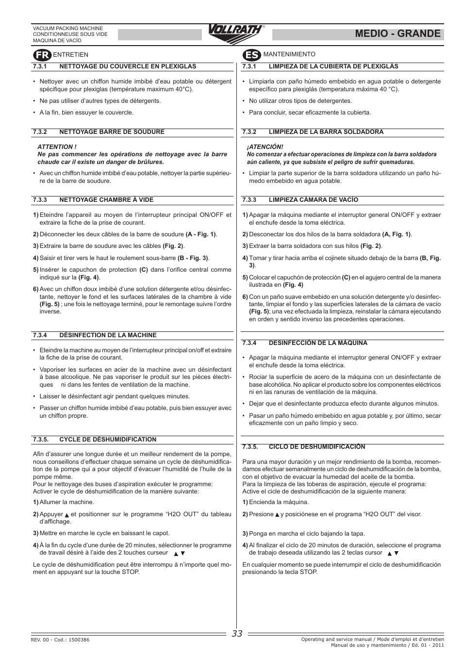 Medio - grande, Fr es | Vollrath GRANDE In-Chamber Vacuum Pack Machines User Manual | Page 33 / 48