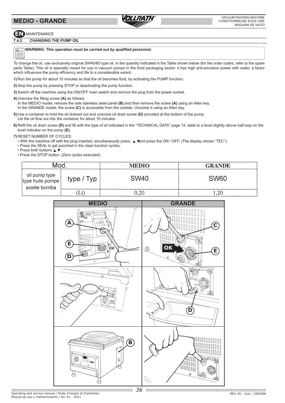 Medio - grande, Medio grande, Ce ok | Vollrath GRANDE In-Chamber Vacuum Pack Machines User Manual | Page 36 / 48