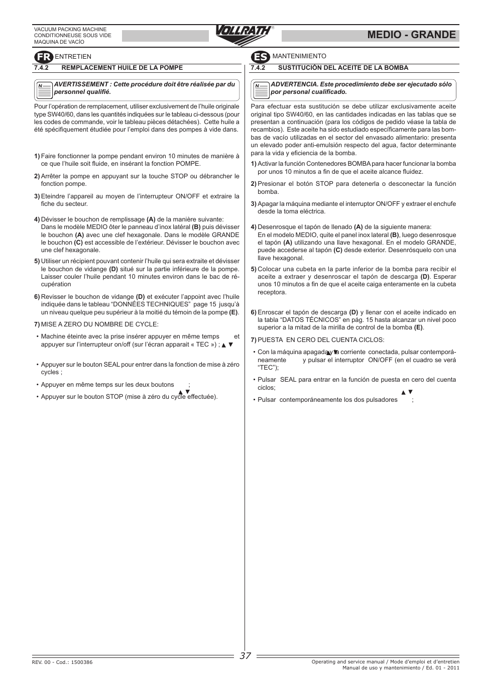 Medio - grande, Fr es | Vollrath GRANDE In-Chamber Vacuum Pack Machines User Manual | Page 37 / 48