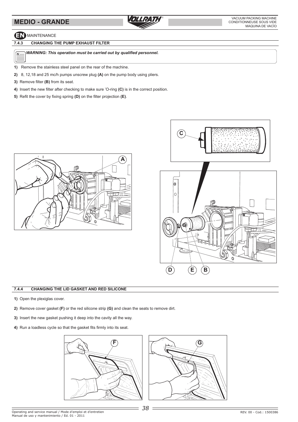 Medio - grande, De b | Vollrath GRANDE In-Chamber Vacuum Pack Machines User Manual | Page 38 / 48