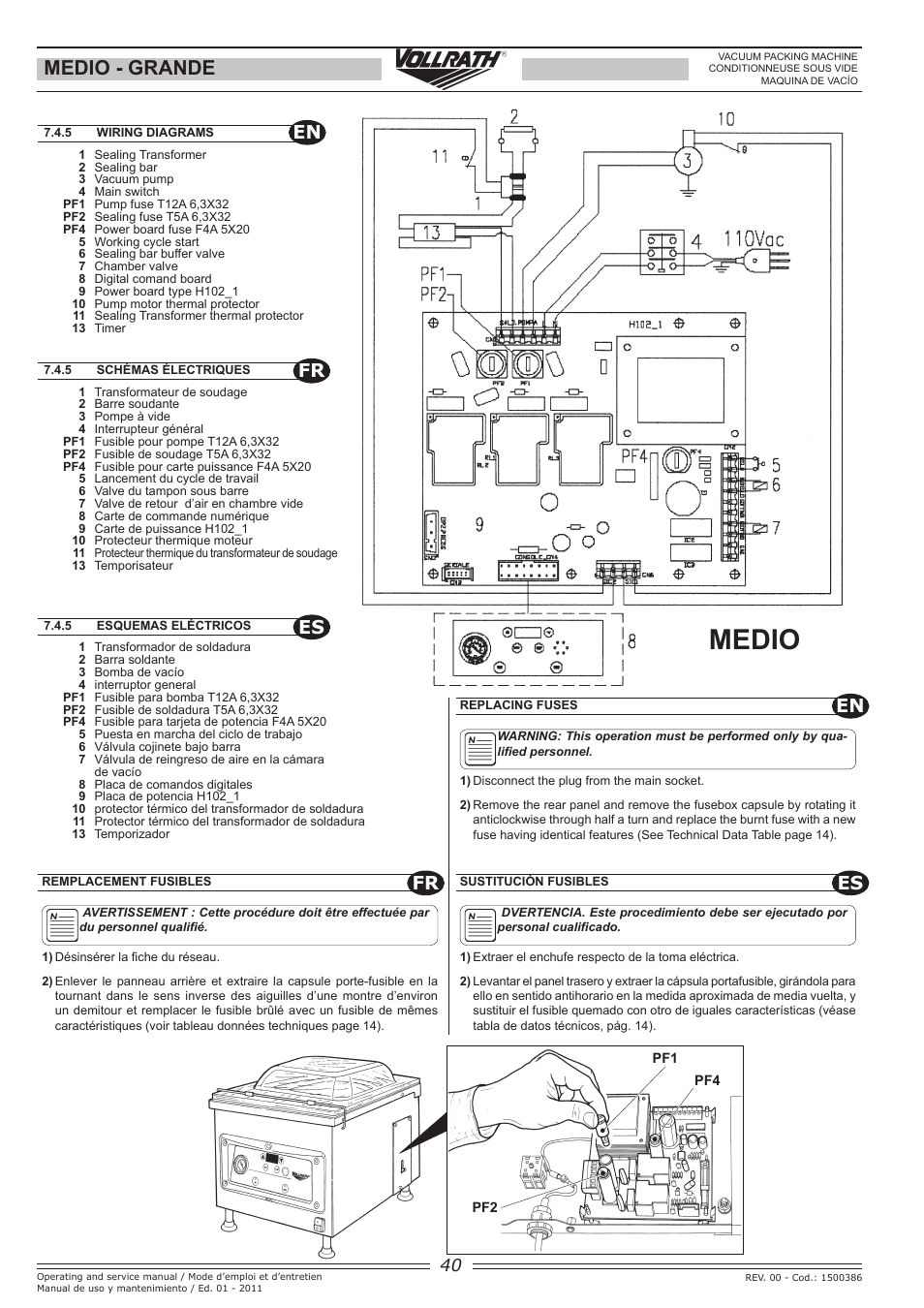 Medio, Medio - grande, En fr es | En es fr | Vollrath GRANDE In-Chamber Vacuum Pack Machines User Manual | Page 40 / 48