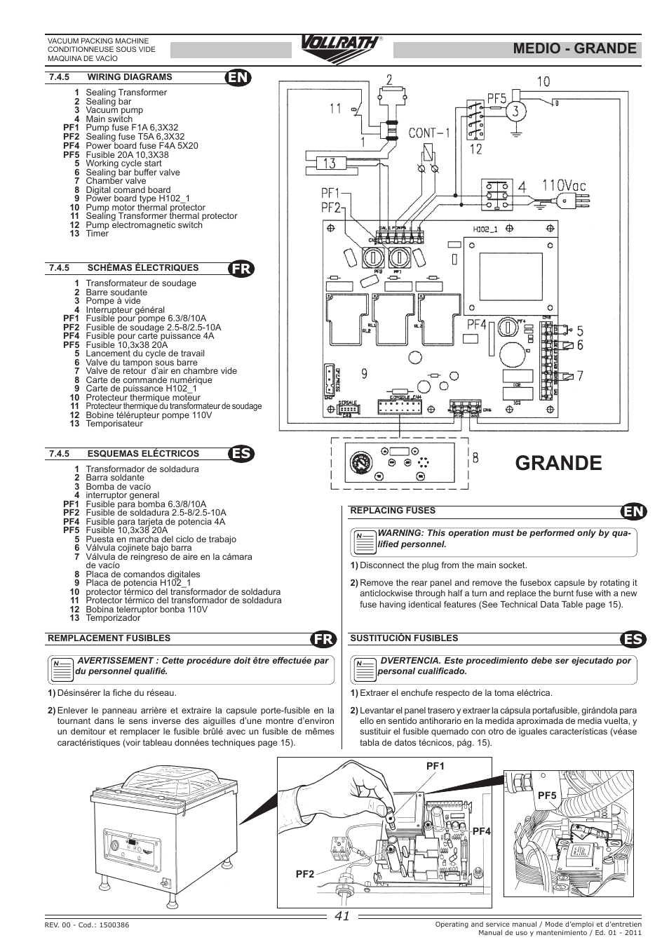 Grande, Medio - grande, Fr es | Es en es fr | Vollrath GRANDE In-Chamber Vacuum Pack Machines User Manual | Page 41 / 48