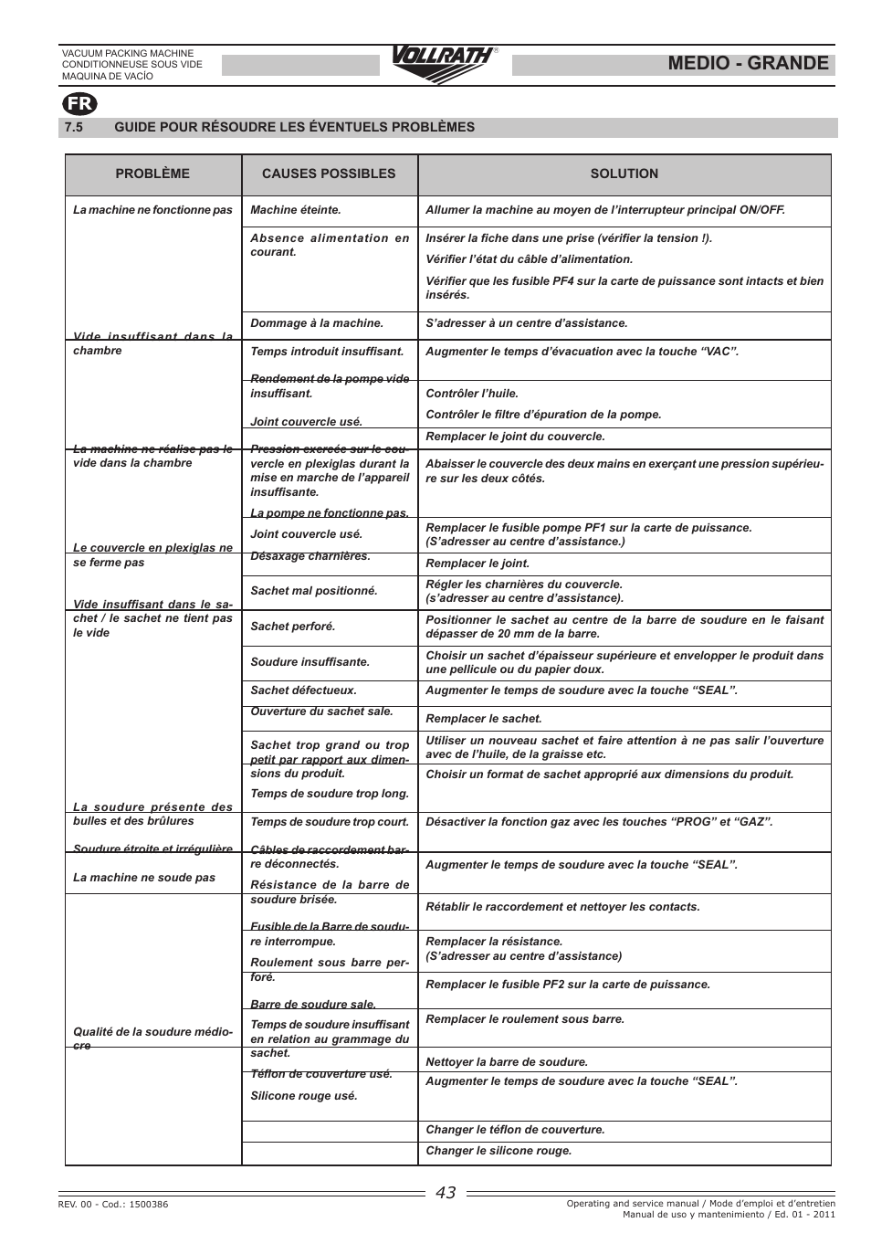 Medio - grande, Fr es | Vollrath GRANDE In-Chamber Vacuum Pack Machines User Manual | Page 43 / 48