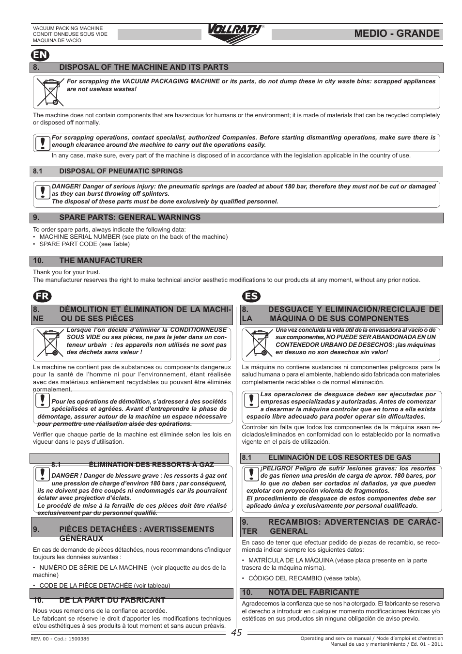 Medio - grande, Fr es, En fr es | Vollrath GRANDE In-Chamber Vacuum Pack Machines User Manual | Page 45 / 48