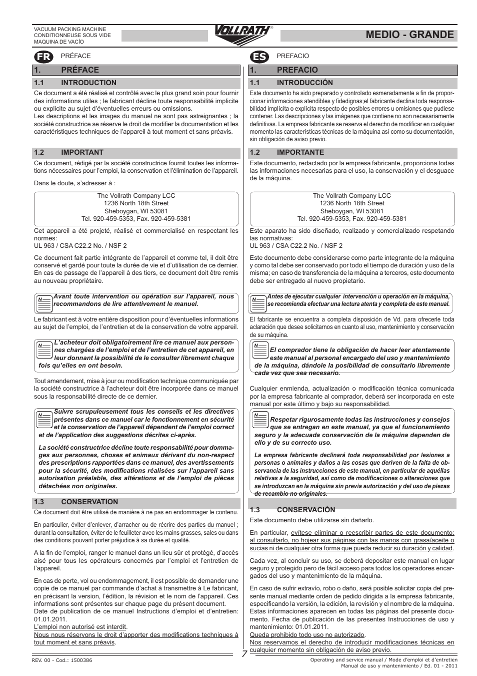 Medio - grande, Fr es, Préface | Prefacio | Vollrath GRANDE In-Chamber Vacuum Pack Machines User Manual | Page 7 / 48