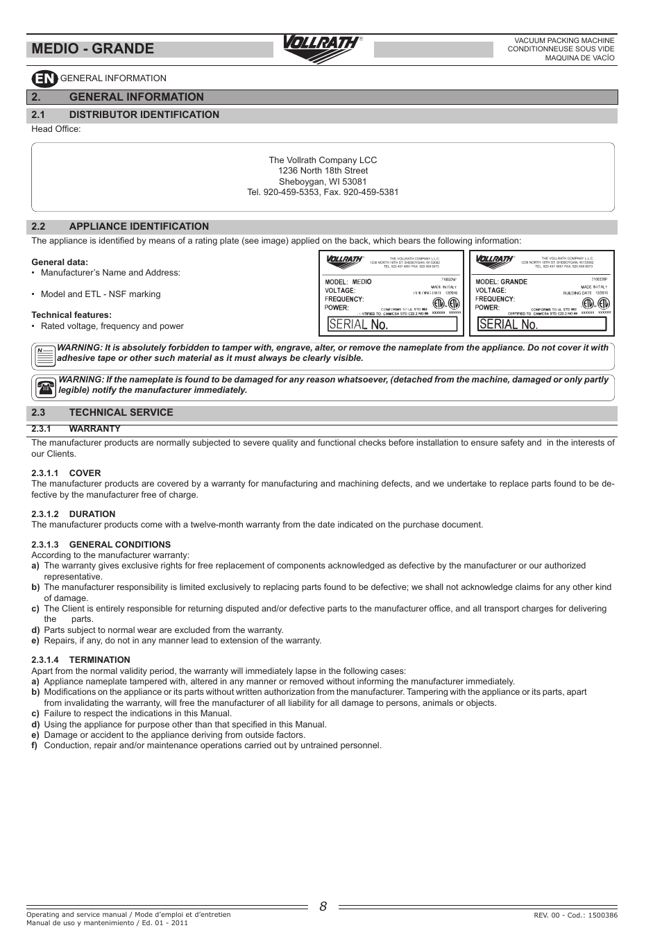 Medio - grande, General information | Vollrath GRANDE In-Chamber Vacuum Pack Machines User Manual | Page 8 / 48