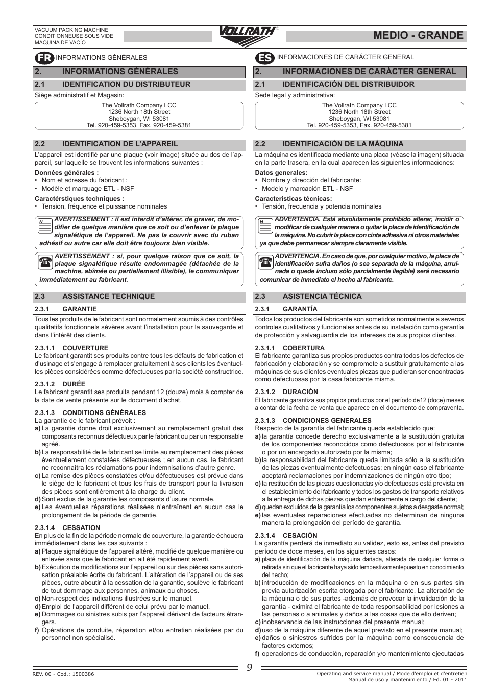 Medio - grande, Fr es, Informaciones de carácter general | Informations générales | Vollrath GRANDE In-Chamber Vacuum Pack Machines User Manual | Page 9 / 48