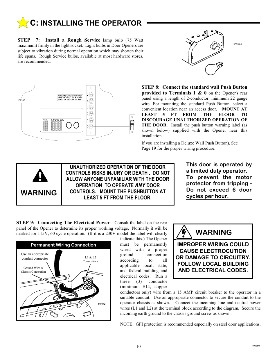 Installing the operator, Warning | Allstar Products Group LT 50 User Manual | Page 10 / 24