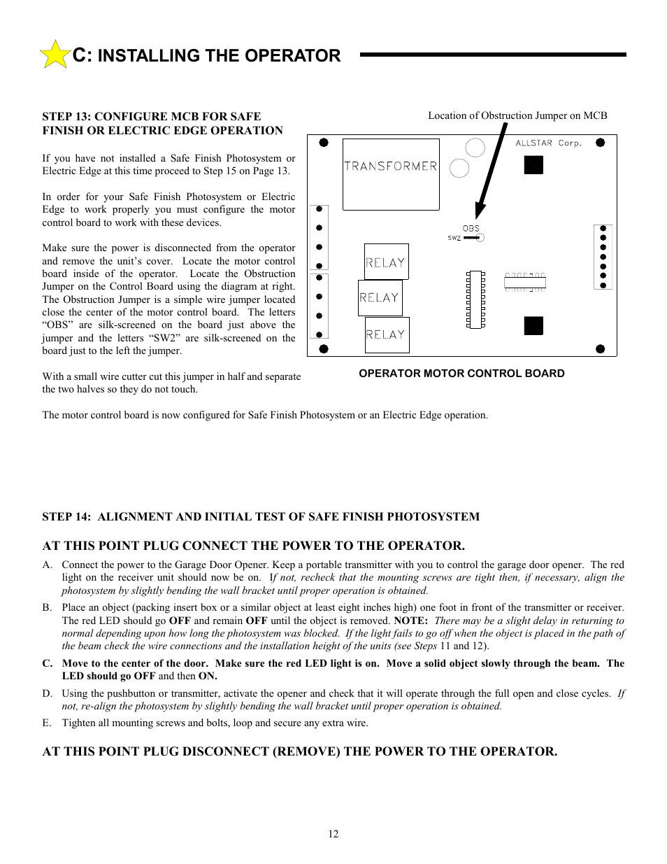 Installing the operator | Allstar Products Group LT 50 User Manual | Page 12 / 24