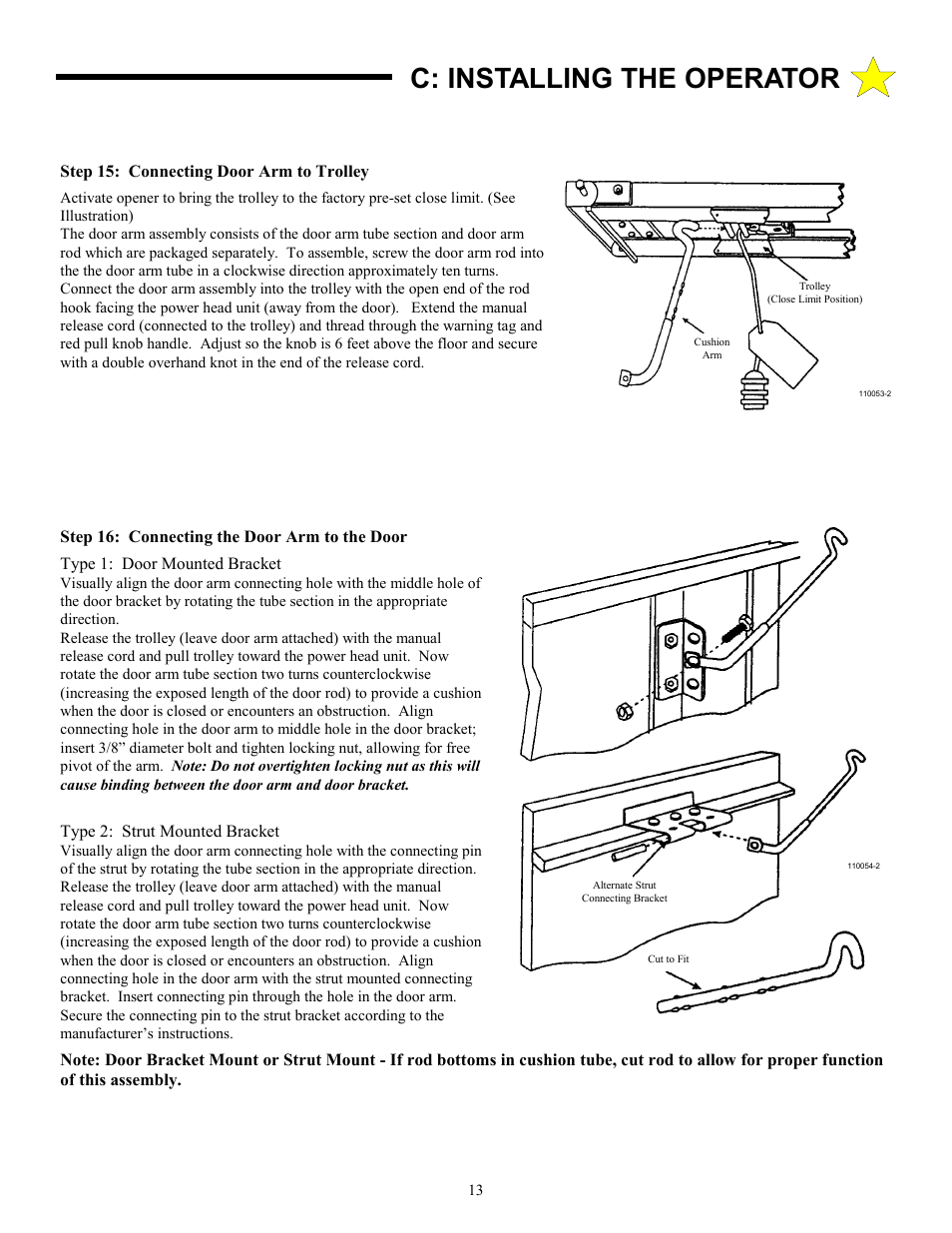 C: installing the operator, Type 2: strut mounted bracket, Step 15: connecting door arm to trolley | Allstar Products Group LT 50 User Manual | Page 13 / 24