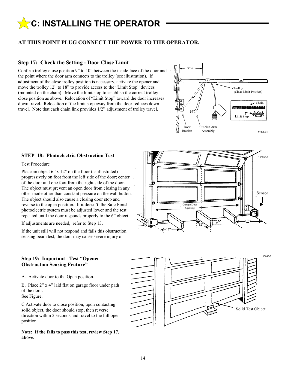 C: installing the operator, Step 17: check the setting - door close limit, Step 18: photoelectric obstruction test | Allstar Products Group LT 50 User Manual | Page 14 / 24