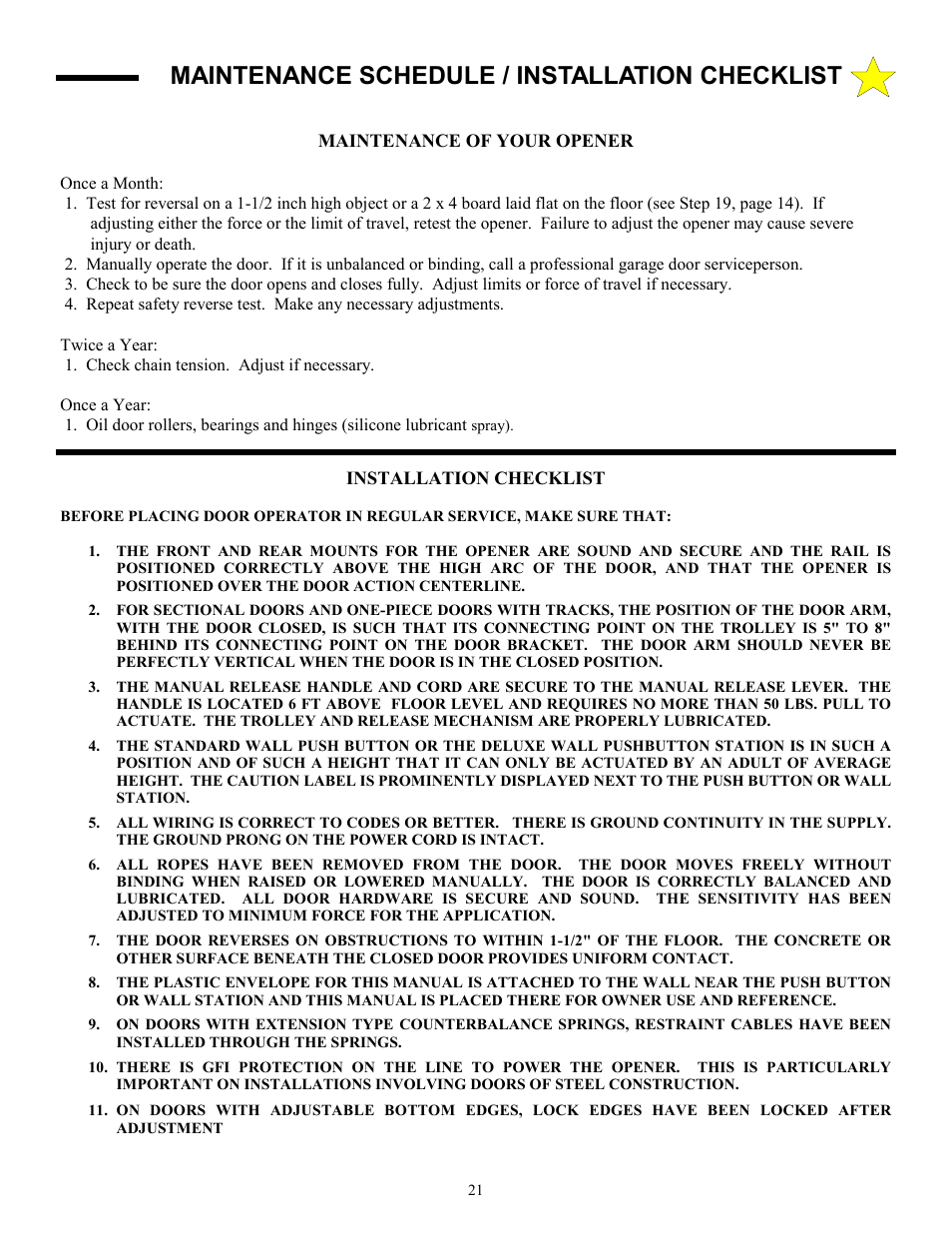 Maintenance schedule / installation checklist | Allstar Products Group LT 50 User Manual | Page 21 / 24