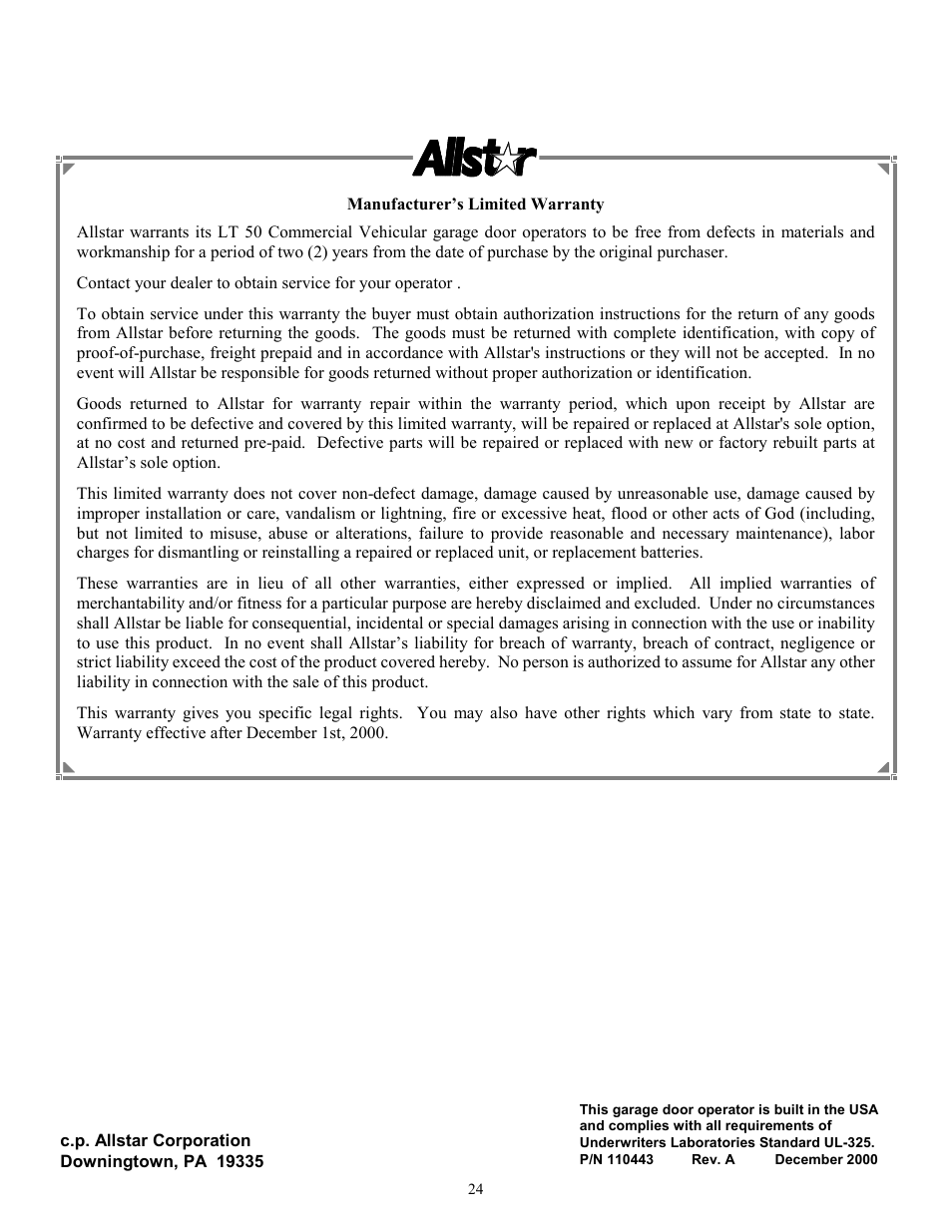 Allstar Products Group LT 50 User Manual | Page 24 / 24
