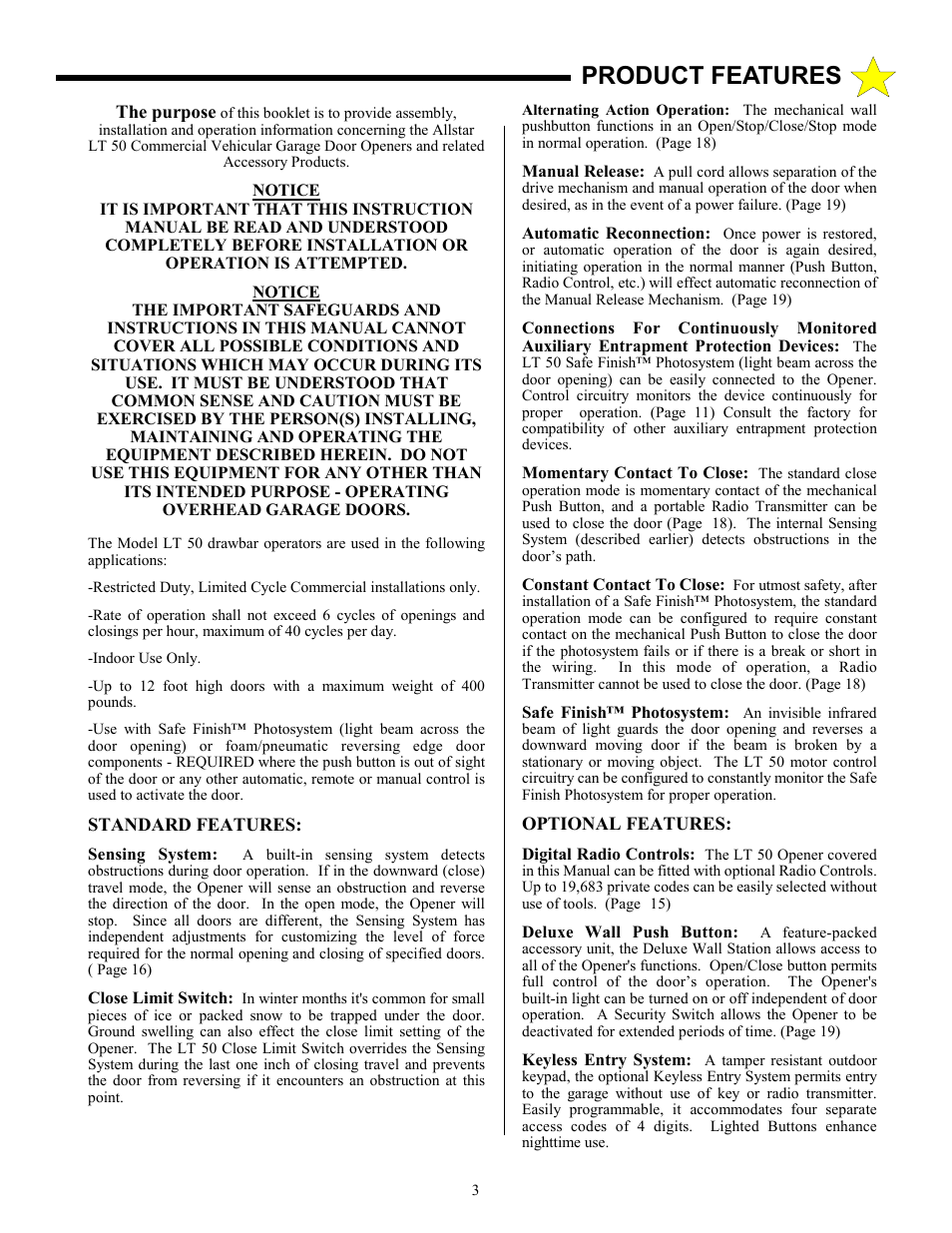 Product features | Allstar Products Group LT 50 User Manual | Page 3 / 24