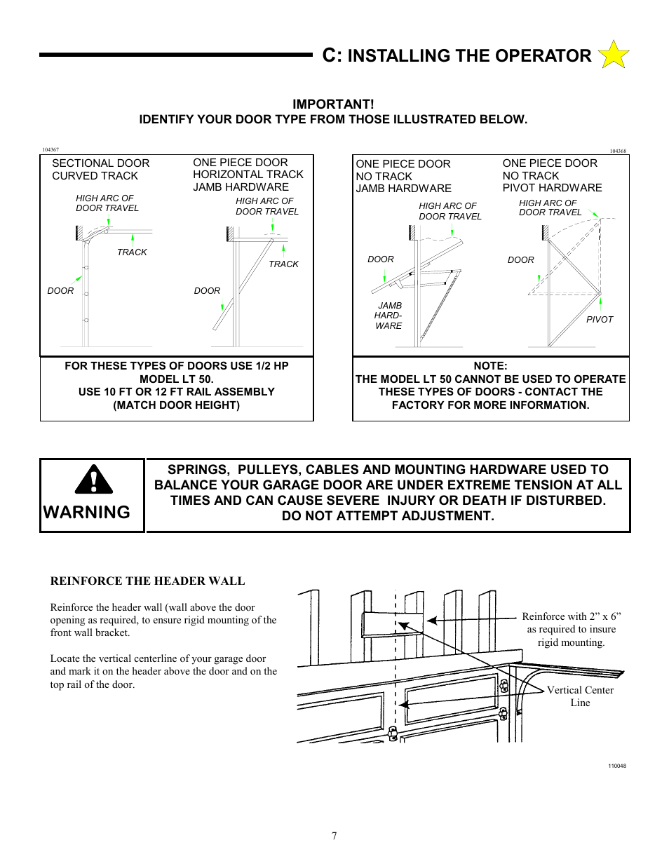 Warning, Installing the operator | Allstar Products Group LT 50 User Manual | Page 7 / 24