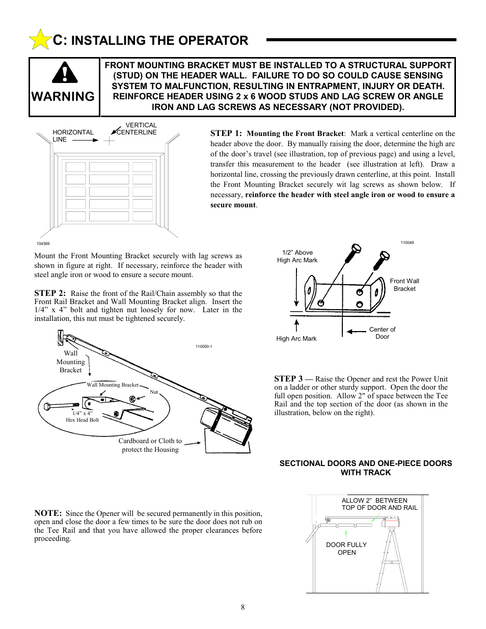 Installing the operator, Warning | Allstar Products Group LT 50 User Manual | Page 8 / 24
