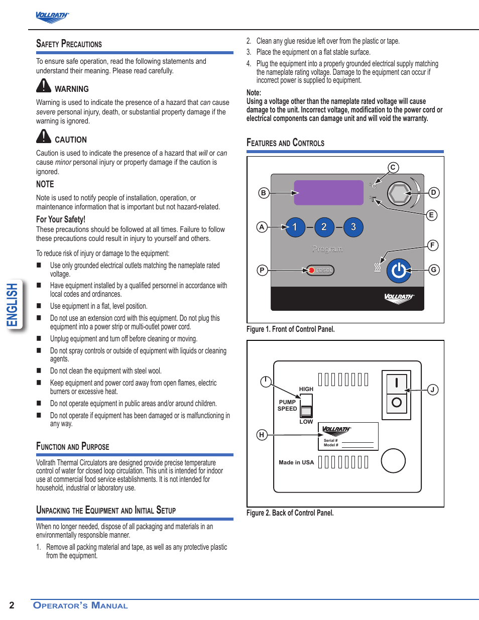 English | Vollrath Immersion Circulator User Manual | Page 2 / 6