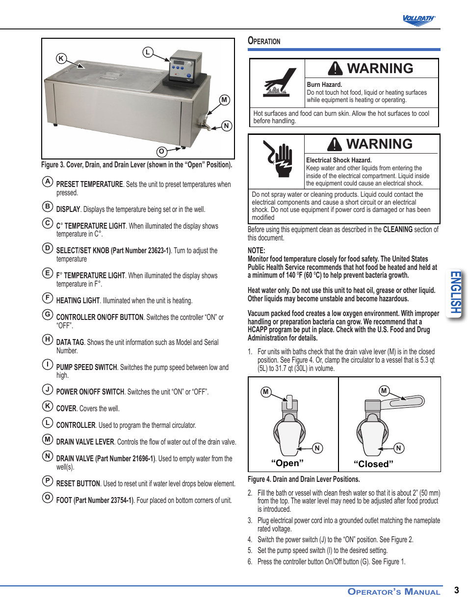 English, Warning | Vollrath Immersion Circulator User Manual | Page 3 / 6