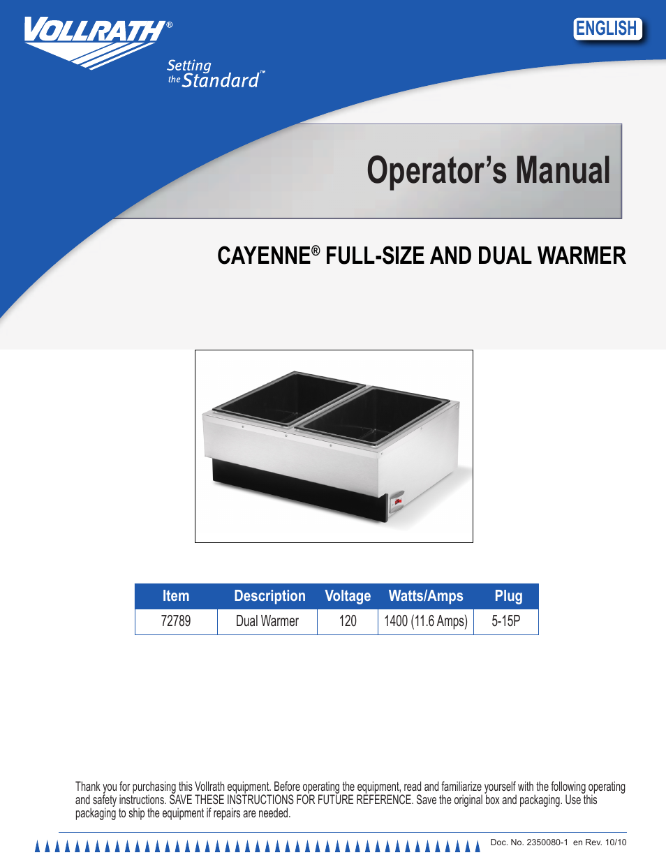 Vollrath Cayenne Dual Warmer User Manual | 12 pages