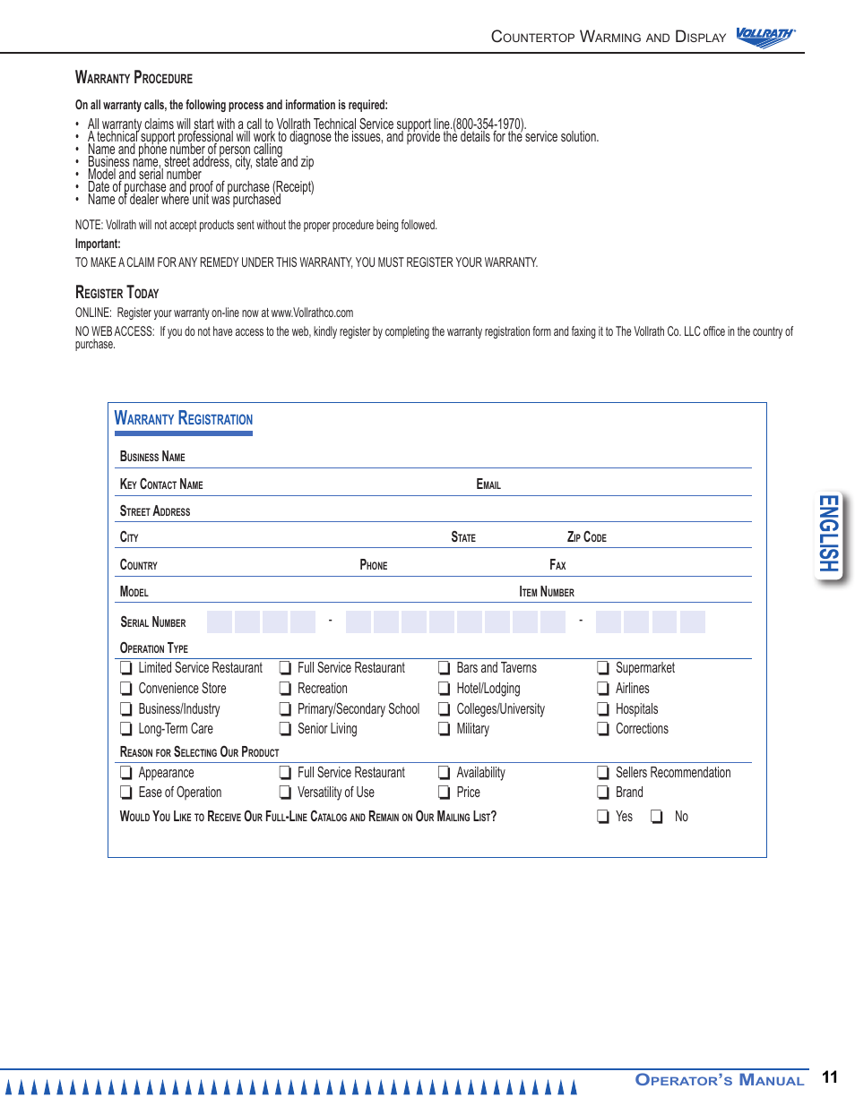 English | Vollrath Cayenne Dual Warmer User Manual | Page 11 / 12