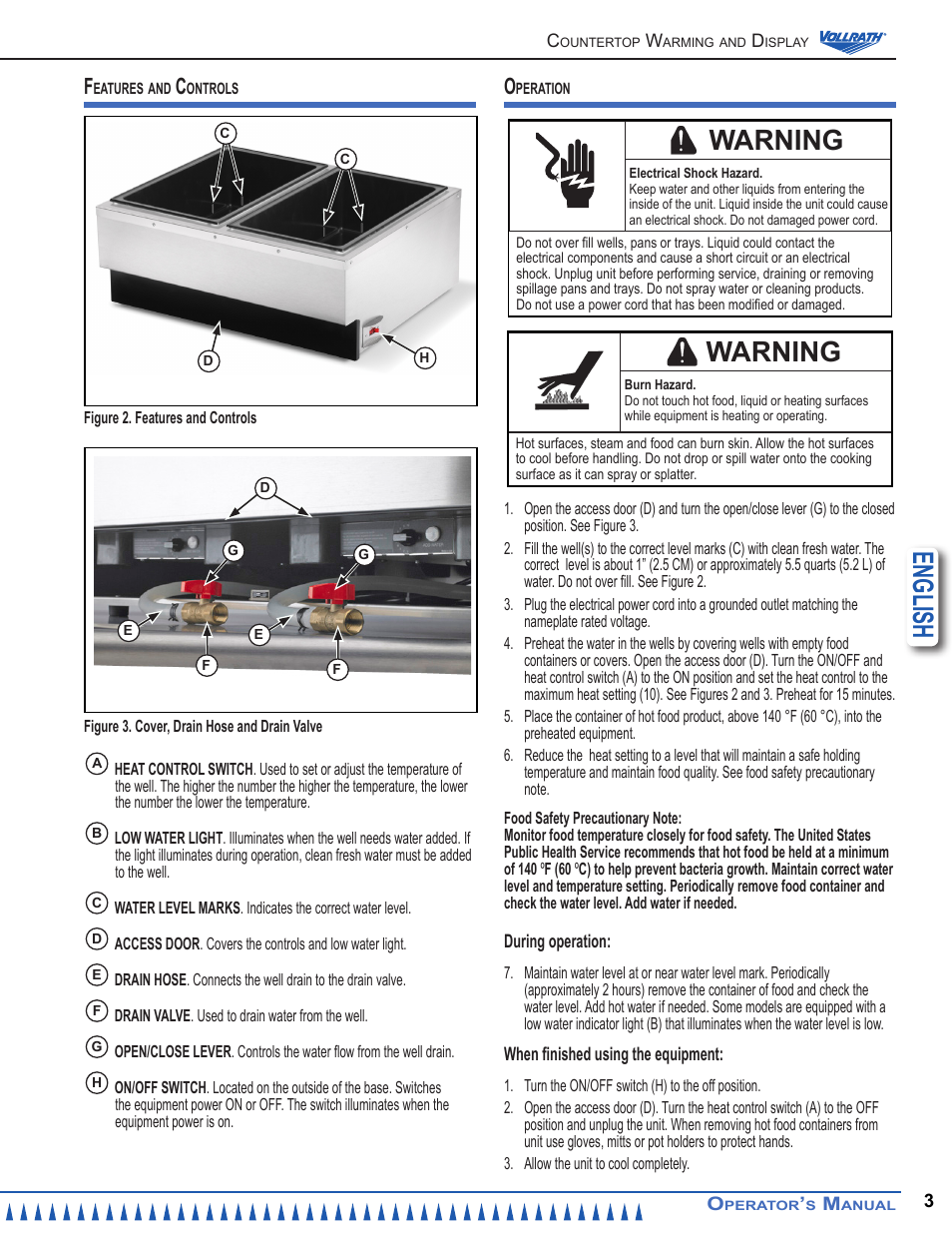 English, Warning | Vollrath Cayenne Dual Warmer User Manual | Page 3 / 12