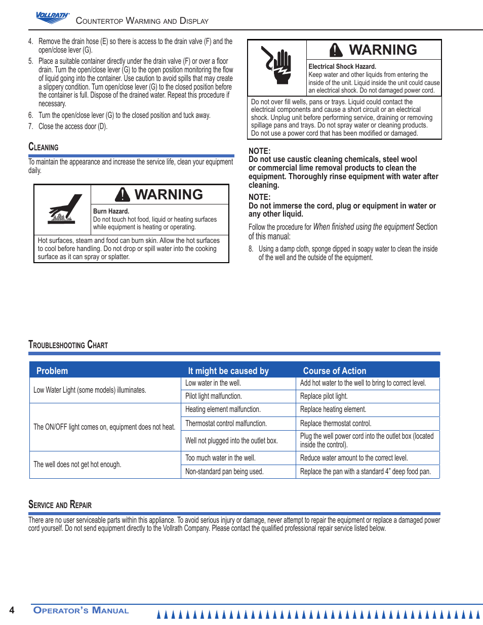 Warning | Vollrath Cayenne Dual Warmer User Manual | Page 4 / 12