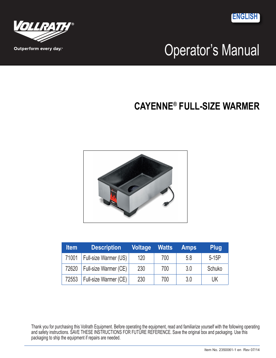 Vollrath Cayenne Model 1001 Warmer User Manual | 4 pages