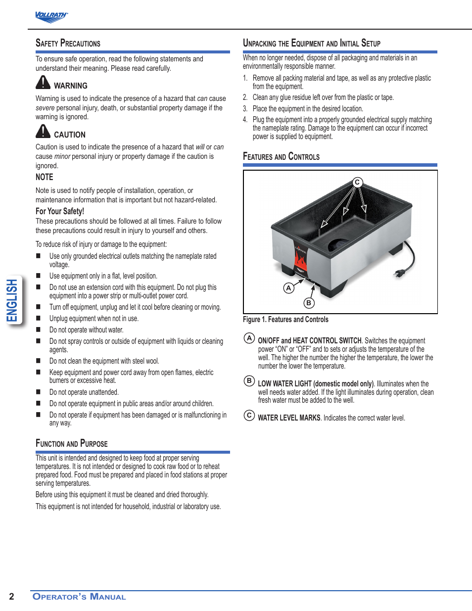English | Vollrath Cayenne Model 1001 Warmer User Manual | Page 2 / 4
