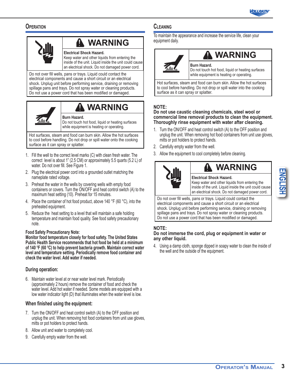 English, Warning | Vollrath Cayenne Model 1001 Warmer User Manual | Page 3 / 4