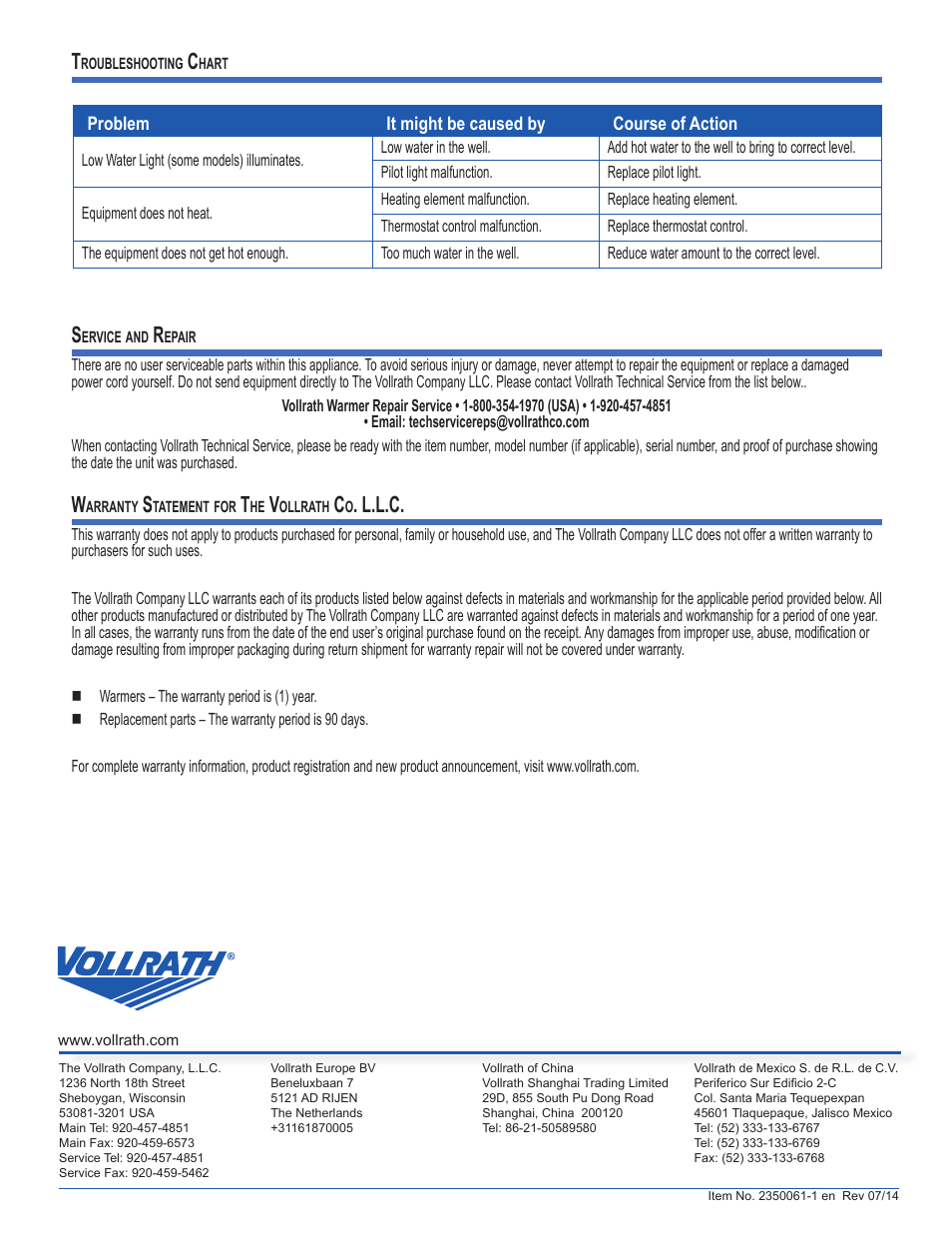 L.l.c | Vollrath Cayenne Model 1001 Warmer User Manual | Page 4 / 4
