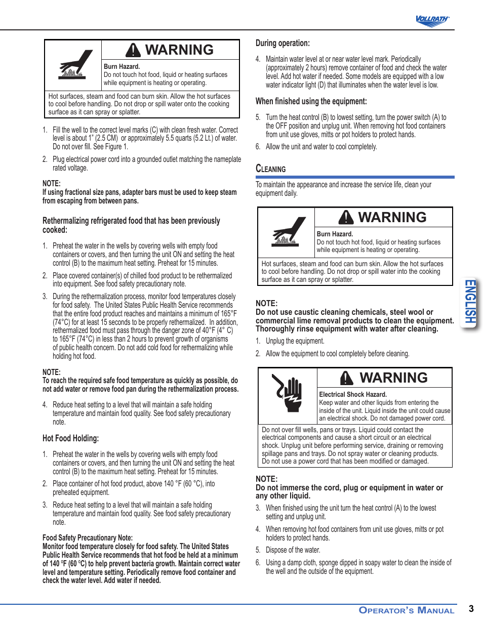 English, Warning | Vollrath Cayenne Model 1220 Full-Size Heat 'N Serve Rethermalizers User Manual | Page 3 / 4