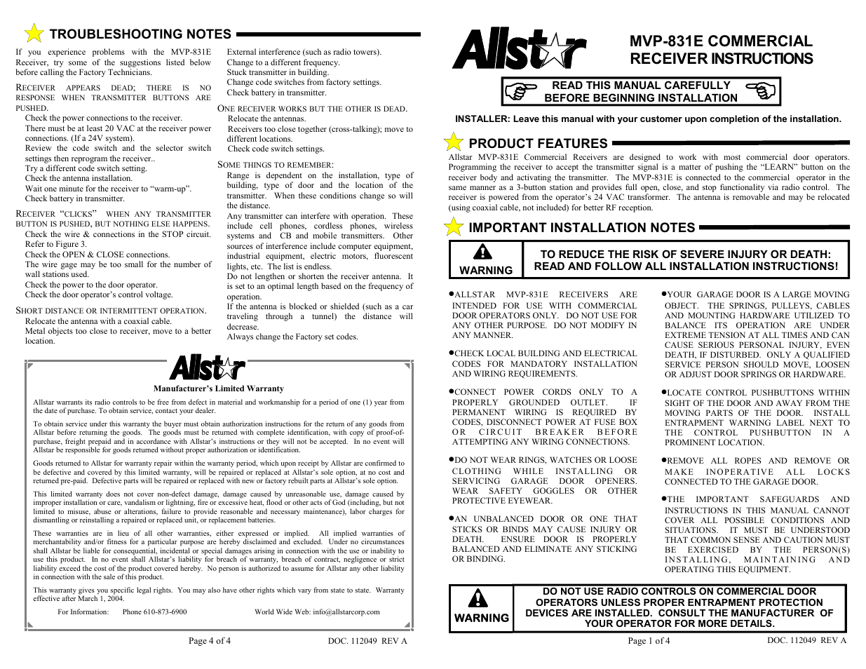 Allstar Products Group MVP-831E User Manual | 2 pages