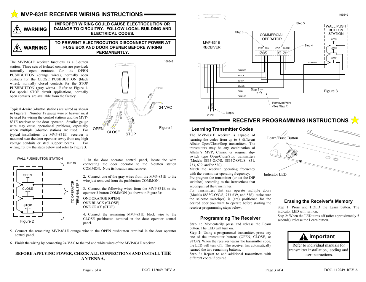 Mvp-831e receiver wiring instructions, Important, Receiver programming instructions | The antenna, Warning, Learning transmitter codes, Programming the receiver | Allstar Products Group MVP-831E User Manual | Page 2 / 2