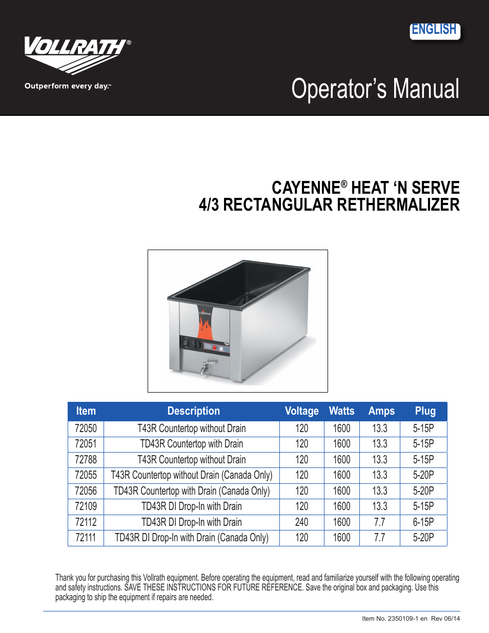 Vollrath Cayenne Model T43R Heat 'N Serve. 4/3 Rethermalizer User Manual | 12 pages