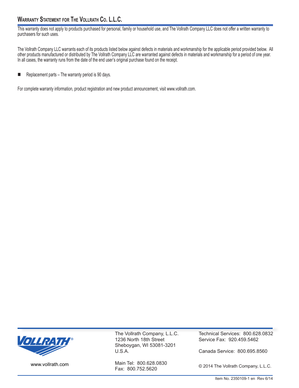 L.l.c | Vollrath Cayenne Model T43R Heat 'N Serve. 4/3 Rethermalizer User Manual | Page 12 / 12