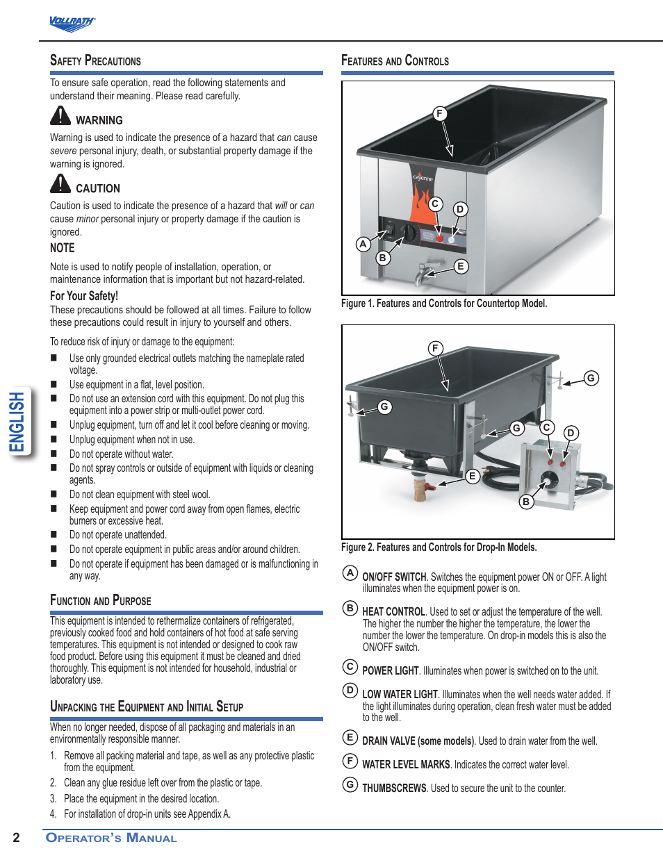 English | Vollrath Cayenne Model T43R Heat 'N Serve. 4/3 Rethermalizer User Manual | Page 2 / 12