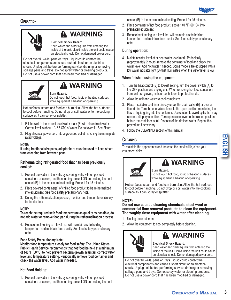 English, Warning | Vollrath Cayenne Model T43R Heat 'N Serve. 4/3 Rethermalizer User Manual | Page 3 / 12