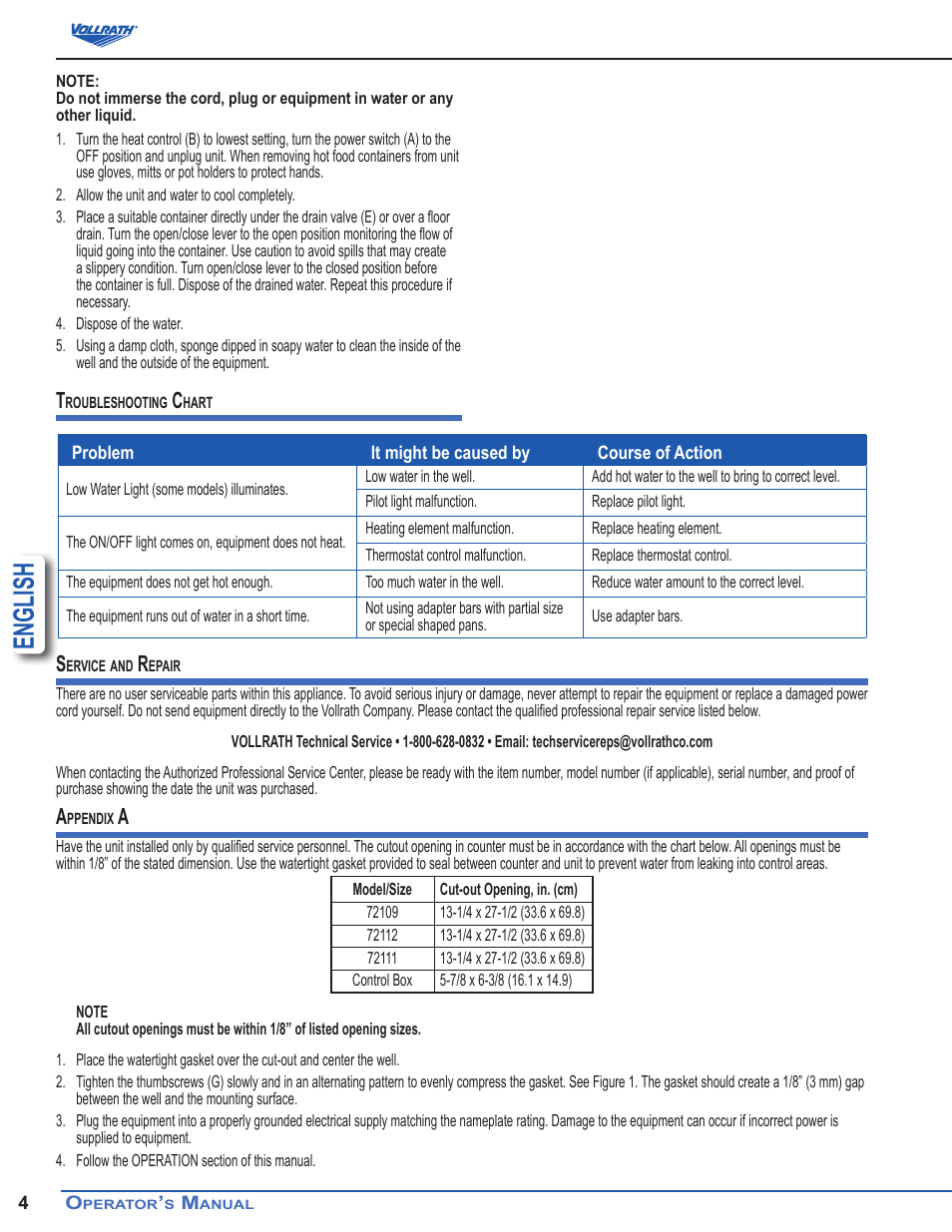 English | Vollrath Cayenne Model T43R Heat 'N Serve. 4/3 Rethermalizer User Manual | Page 4 / 12